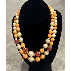 MCM 1950S VINTAGE FAUX PEARL ORANGE BEAD DOUBLE STRAND GOLD 17-19" NECKLACE EUC